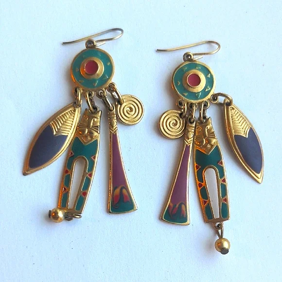 Vintage Edgar Berebi Cat Earrings Dangle Artistic Wearable Art Pierced Hook - Picture 1 of 7